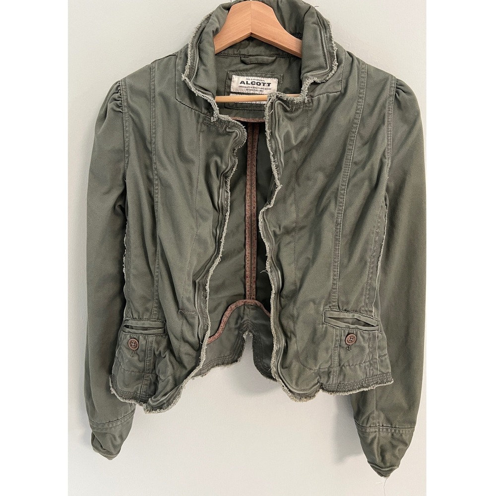 Alcott Cropped Militiary Jacket XS Olive Green Frayed Edge Wired Hem Grunge